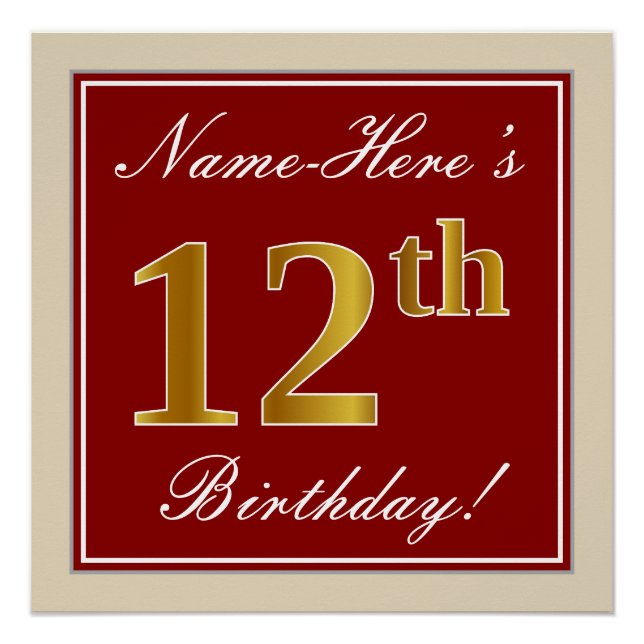 Elegant, Red, Faux Gold 12th Birthday; Custom Name Poster (Front)
