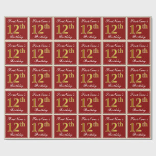 Elegant, Red, Faux Gold 12th Birthday; Custom Name Wrapping Paper