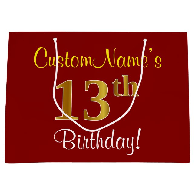 Elegant, Red, Faux Gold 13th Birthday; Custom Name Large Gift Bag (Front)