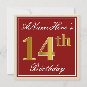 Elegant, Red, Faux Gold 14th Birthday; Custom Name Invitation