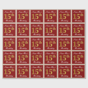 Elegant, Red, Faux Gold 15th Birthday; Custom Name Wrapping Paper