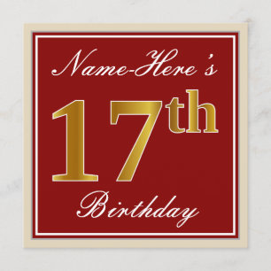 Elegant, Red, Faux Gold 17th Birthday; Custom Name Invitation