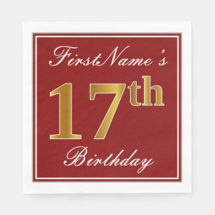 Elegant Red, Faux Gold 17th Birthday + Custom Name Napkin