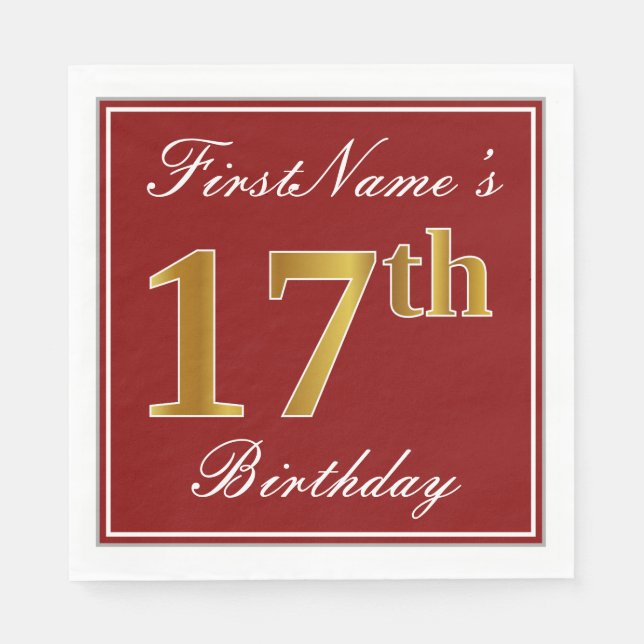 Elegant Red, Faux Gold 17th Birthday + Custom Name Napkin (Front)