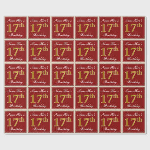 Elegant, Red, Faux Gold 17th Birthday; Custom Name Wrapping Paper
