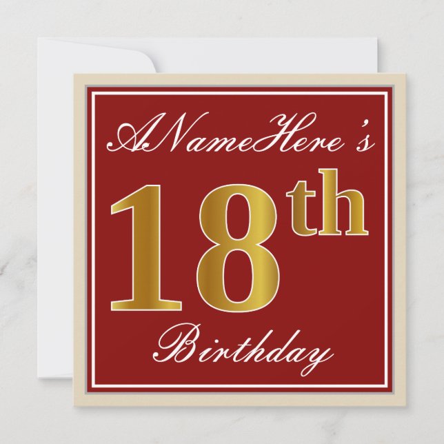 Elegant, Red, Faux Gold 18th Birthday; Custom Name Invitation (Front)