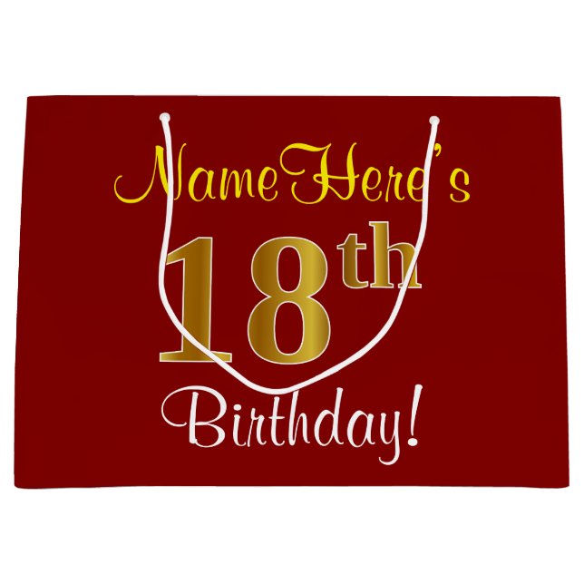 Elegant, Red, Faux Gold 18th Birthday; Custom Name Large Gift Bag (Front)