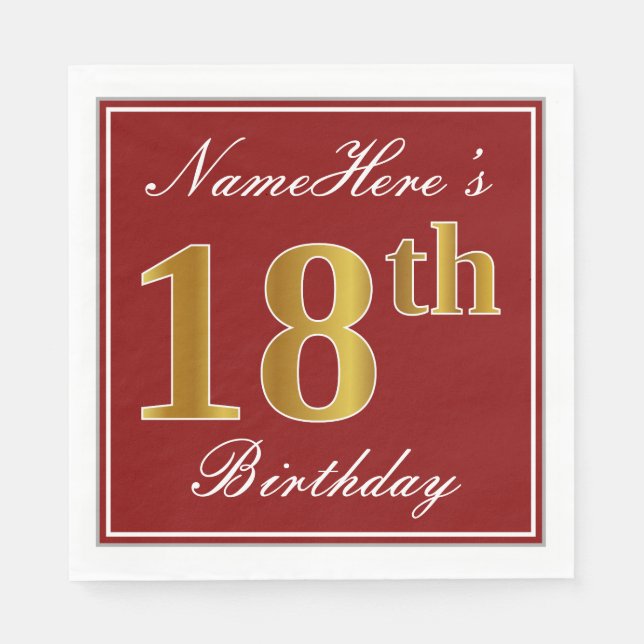 Elegant Red, Faux Gold 18th Birthday + Custom Name Napkin (Front)