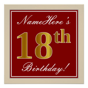 Elegant, Red, Faux Gold 18th Birthday; Custom Name Poster