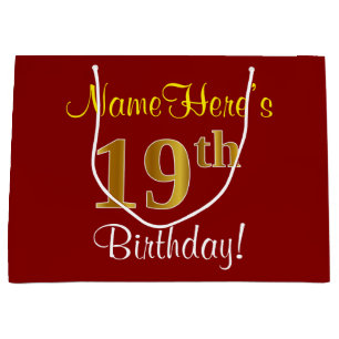 Elegant, Red, Faux Gold 19th Birthday; Custom Name Large Gift Bag