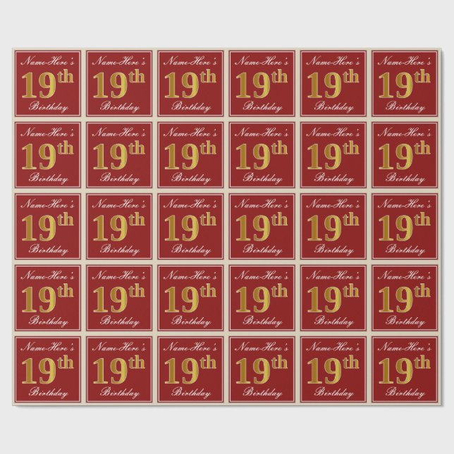 Elegant, Red, Faux Gold 19th Birthday; Custom Name Wrapping Paper (Flat)