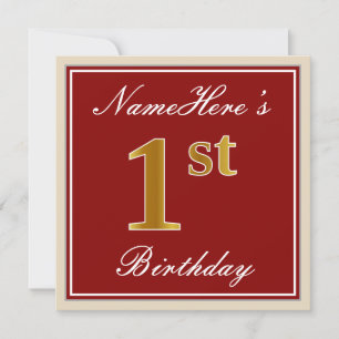 Elegant, Red, Faux Gold 1st Birthday + Custom Name Invitation