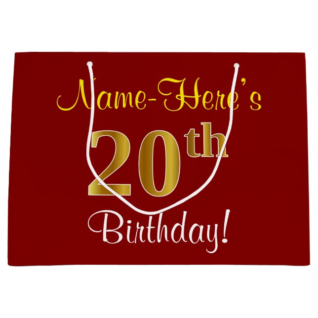 Elegant, Red, Faux Gold 20th Birthday; Custom Name Large Gift Bag (Front)