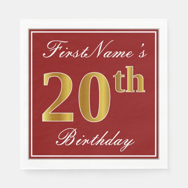 Elegant Red, Faux Gold 20th Birthday + Custom Name Napkin (Front)