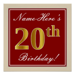 Elegant, Red, Faux Gold 20th Birthday; Custom Name Poster
