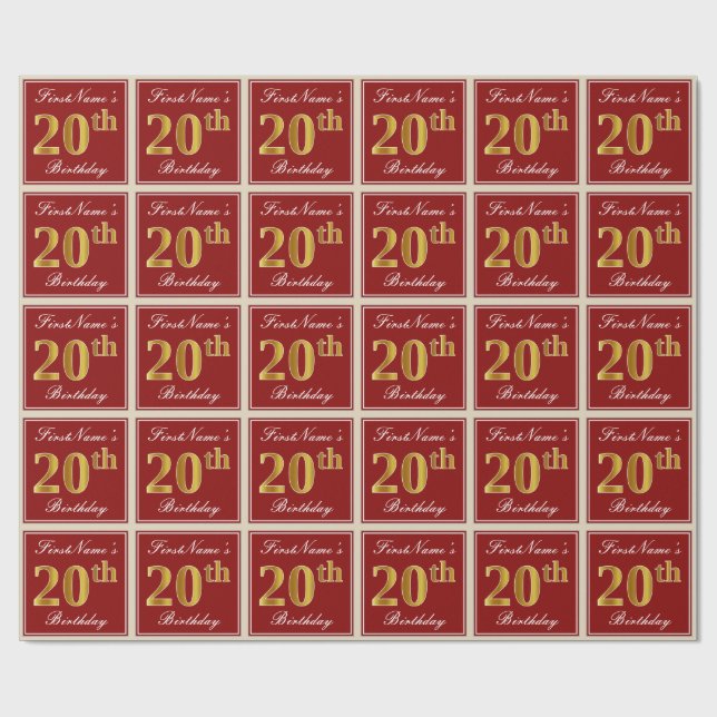 Elegant, Red, Faux Gold 20th Birthday; Custom Name Wrapping Paper (Flat)