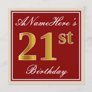 Elegant, Red, Faux Gold 21st Birthday; Custom Name Invitation