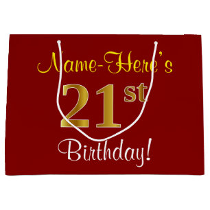 Elegant, Red, Faux Gold 21st Birthday; Custom Name Large Gift Bag