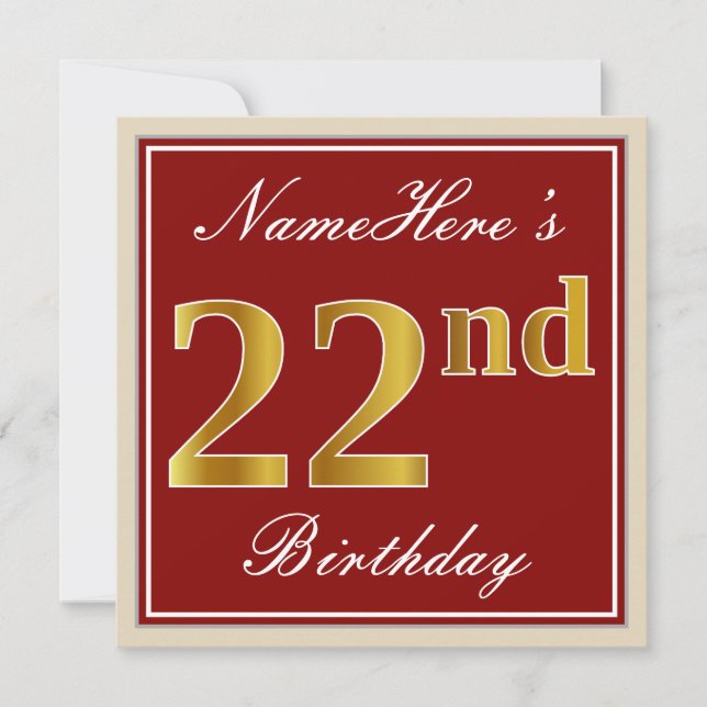 Elegant, Red, Faux Gold 22nd Birthday; Custom Name Invitation (Front)