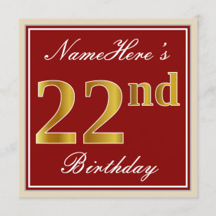 Elegant, Red, Faux Gold 22nd Birthday; Custom Name Invitation