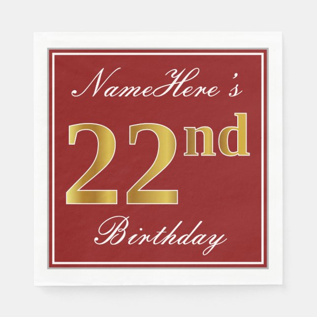 Elegant Red, Faux Gold 22nd Birthday + Custom Name Napkin (Front)