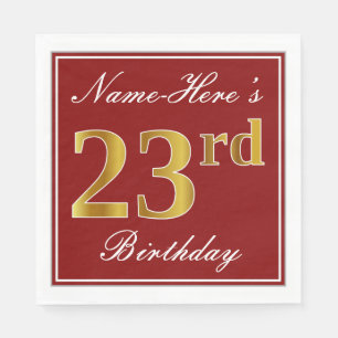 Elegant Red, Faux Gold 23rd Birthday + Custom Name Napkin