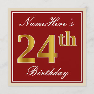 Elegant, Red, Faux Gold 24th Birthday; Custom Name Invitation