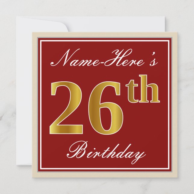 Elegant, Red, Faux Gold 26th Birthday; Custom Name Invitation (Front)