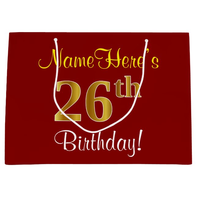 Elegant, Red, Faux Gold 26th Birthday; Custom Name Large Gift Bag (Front)