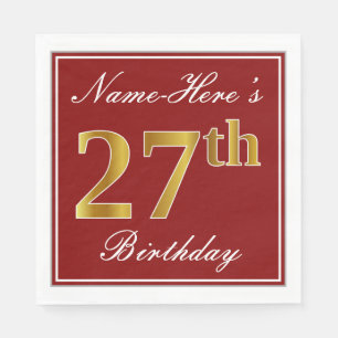 Elegant Red, Faux Gold 27th Birthday + Custom Name Napkin