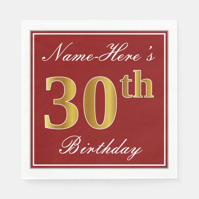 Elegant Red, Faux Gold 30th Birthday + Custom Name Napkin (Front)