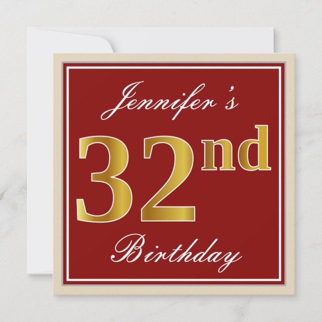 Elegant, Red, Faux Gold 32nd Birthday; Custom Name Invitation (Front)