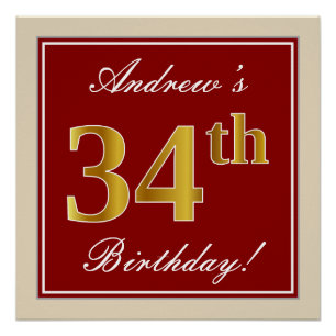 Elegant, Red, Faux Gold 34th Birthday; Custom Name Poster