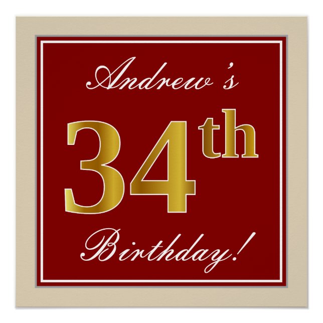 Elegant, Red, Faux Gold 34th Birthday; Custom Name Poster (Front)