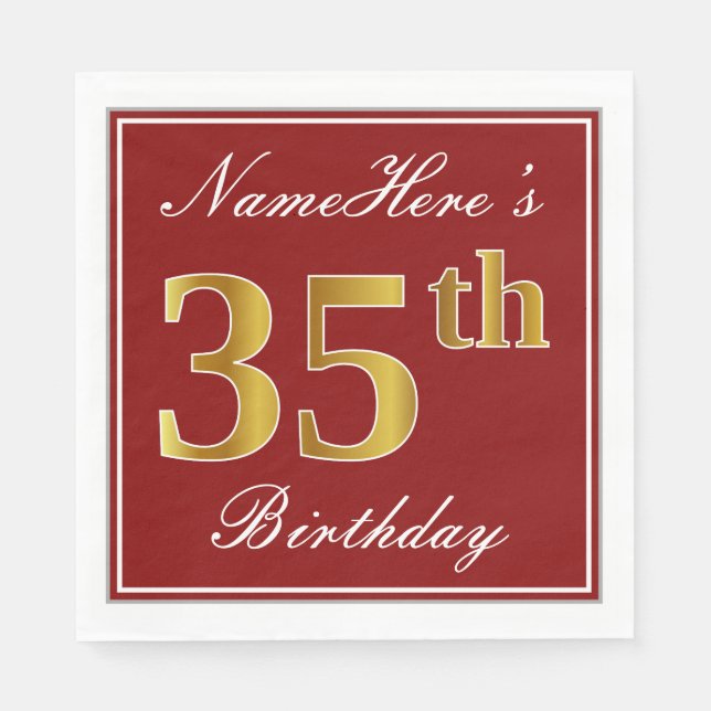 Elegant Red, Faux Gold 35th Birthday + Custom Name Napkin (Front)
