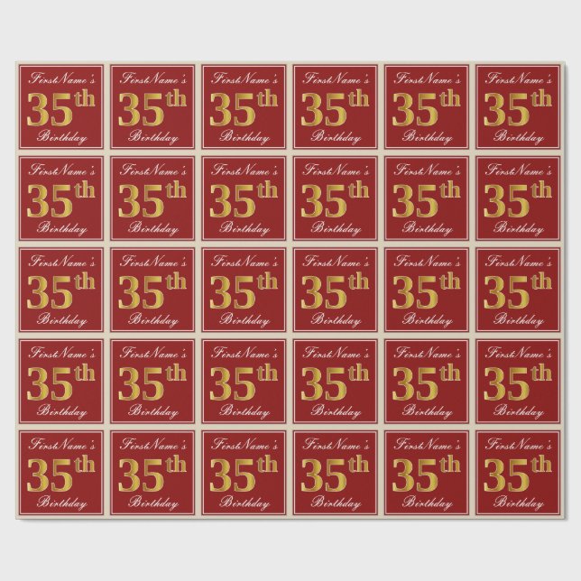 Elegant, Red, Faux Gold 35th Birthday; Custom Name Wrapping Paper (Flat)