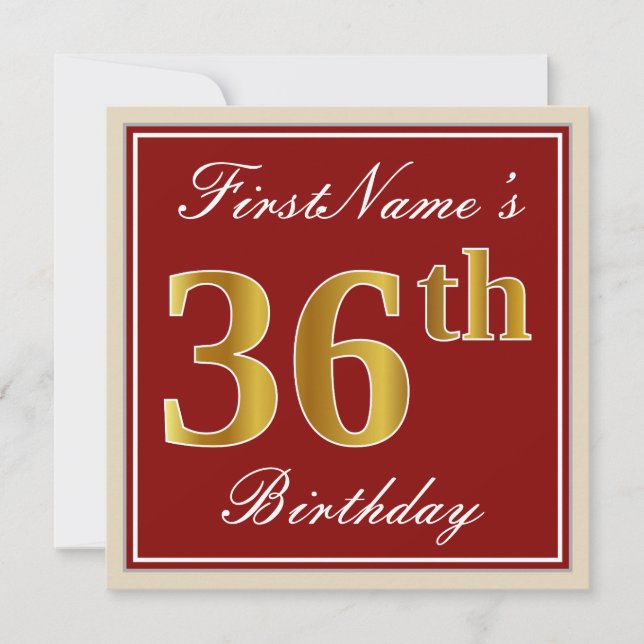 Elegant, Red, Faux Gold 36th Birthday; Custom Name Invitation (Front)