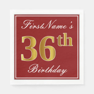 Elegant Red, Faux Gold 36th Birthday + Custom Name Napkin