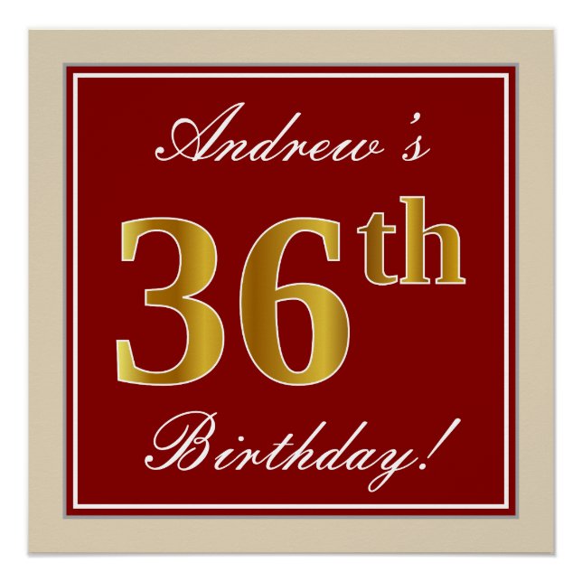 Elegant, Red, Faux Gold 36th Birthday; Custom Name Poster (Front)