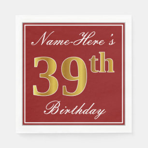 Elegant Red, Faux Gold 39th Birthday + Custom Name Napkin