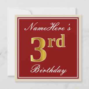 Elegant, Red, Faux Gold 3rd Birthday + Custom Name Invitation