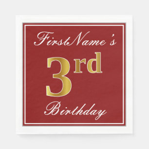 Elegant Red, Faux Gold 3rd Birthday + Custom Name Napkin