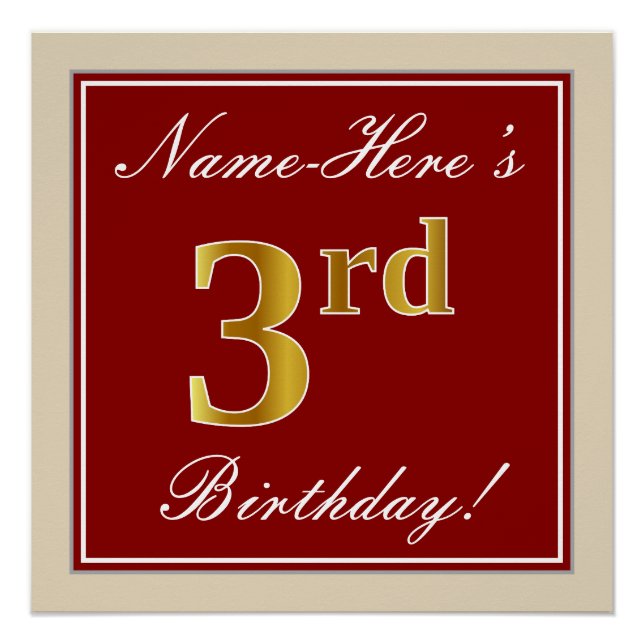 Elegant, Red, Faux Gold 3rd Birthday + Custom Name Poster (Front)
