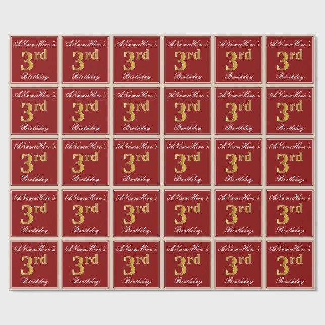 Elegant, Red, Faux Gold 3rd Birthday + Custom Name Wrapping Paper (Flat)