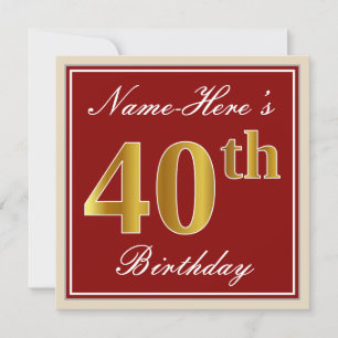 Elegant, Red, Faux Gold 40th Birthday; Custom Name Invitation