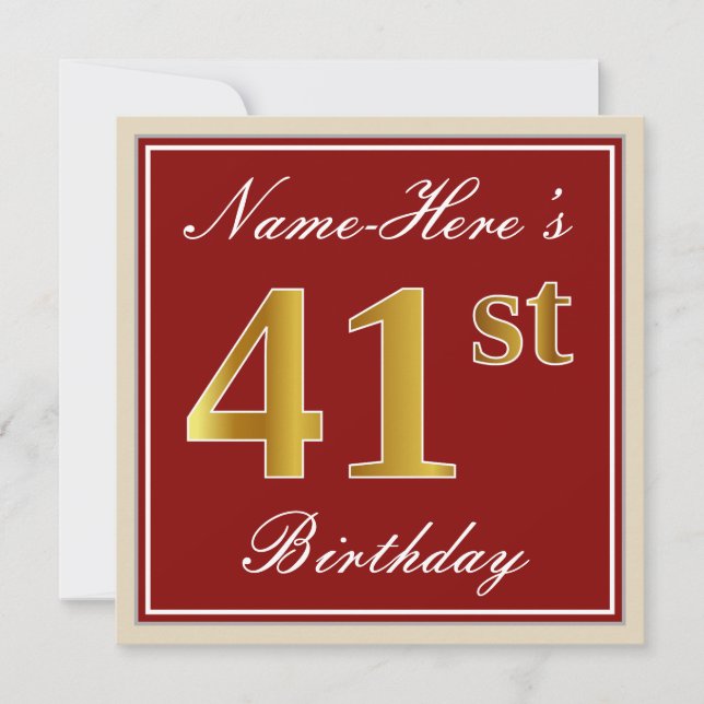 Elegant, Red, Faux Gold 41st Birthday; Custom Name Invitation (Front)