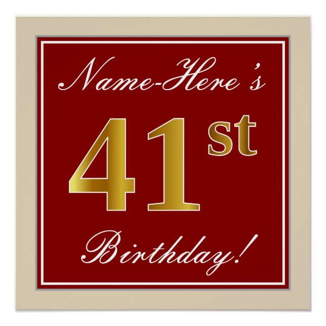 Elegant, Red, Faux Gold 41st Birthday; Custom Name Poster (Front)
