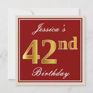 Elegant, Red, Faux Gold 42nd Birthday; Custom Name Invitation