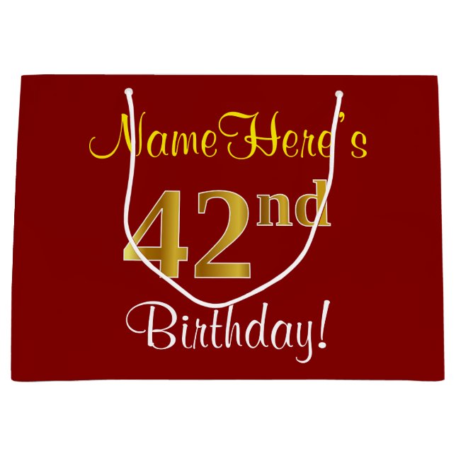 Elegant, Red, Faux Gold 42nd Birthday; Custom Name Large Gift Bag (Front)