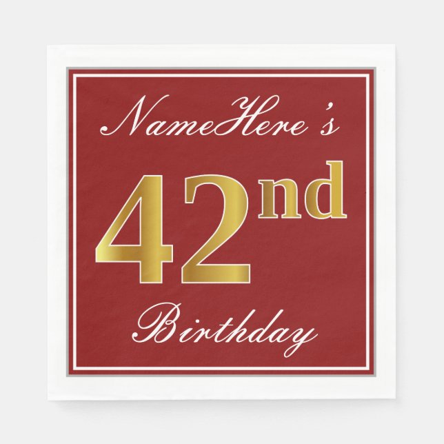 Elegant Red, Faux Gold 42nd Birthday + Custom Name Napkin (Front)